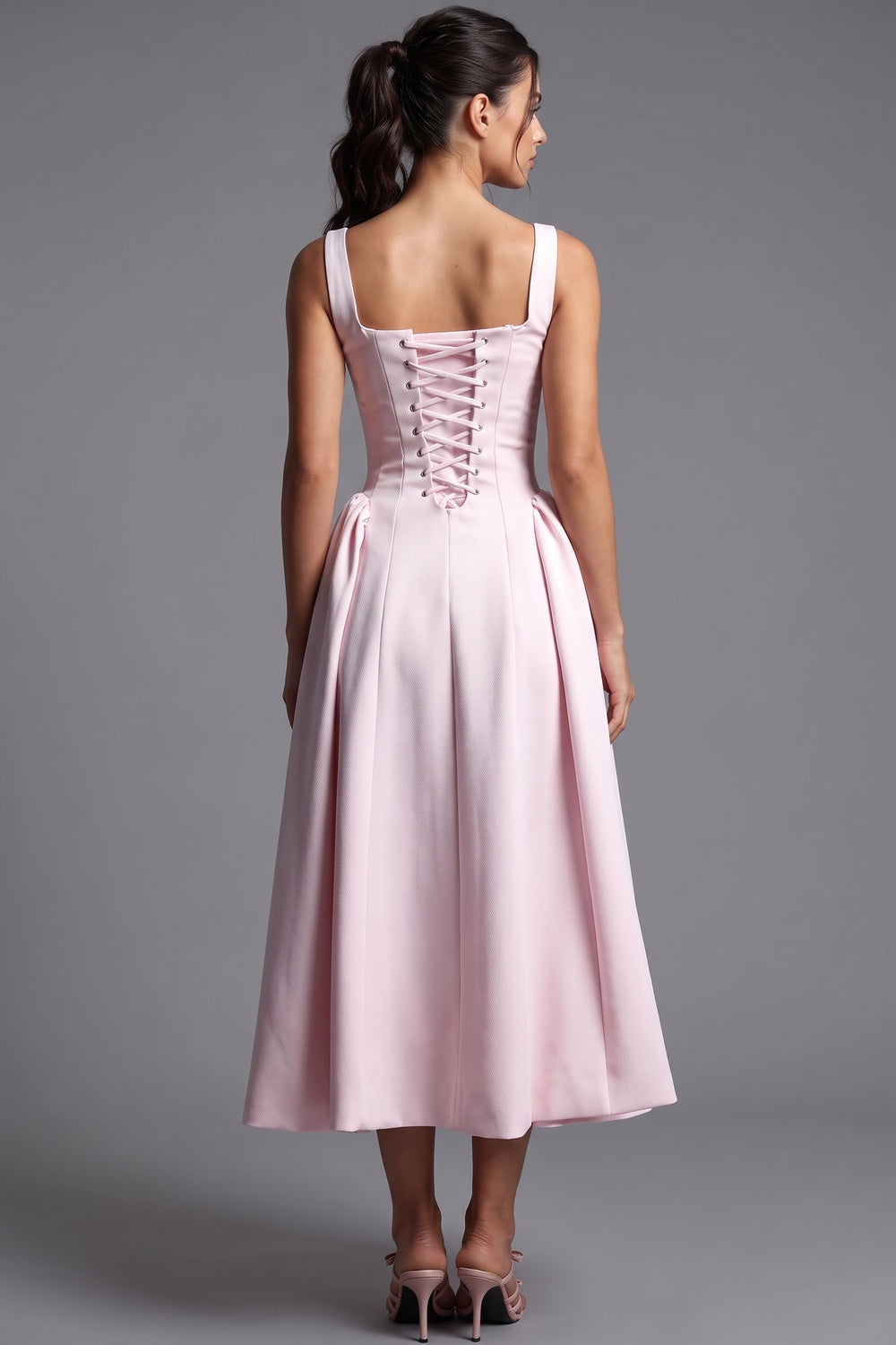 Light Pink Structured Satin Fit-and-Flare Midi Dress light pink structured mid-weight satin dress - product view 3