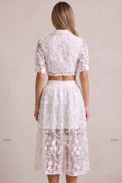 White 3D Floral Embroidery Two-Piece Set with Gold Hardware white sheer white mesh with dense 3D floral embroidery two-piece set - product view 3