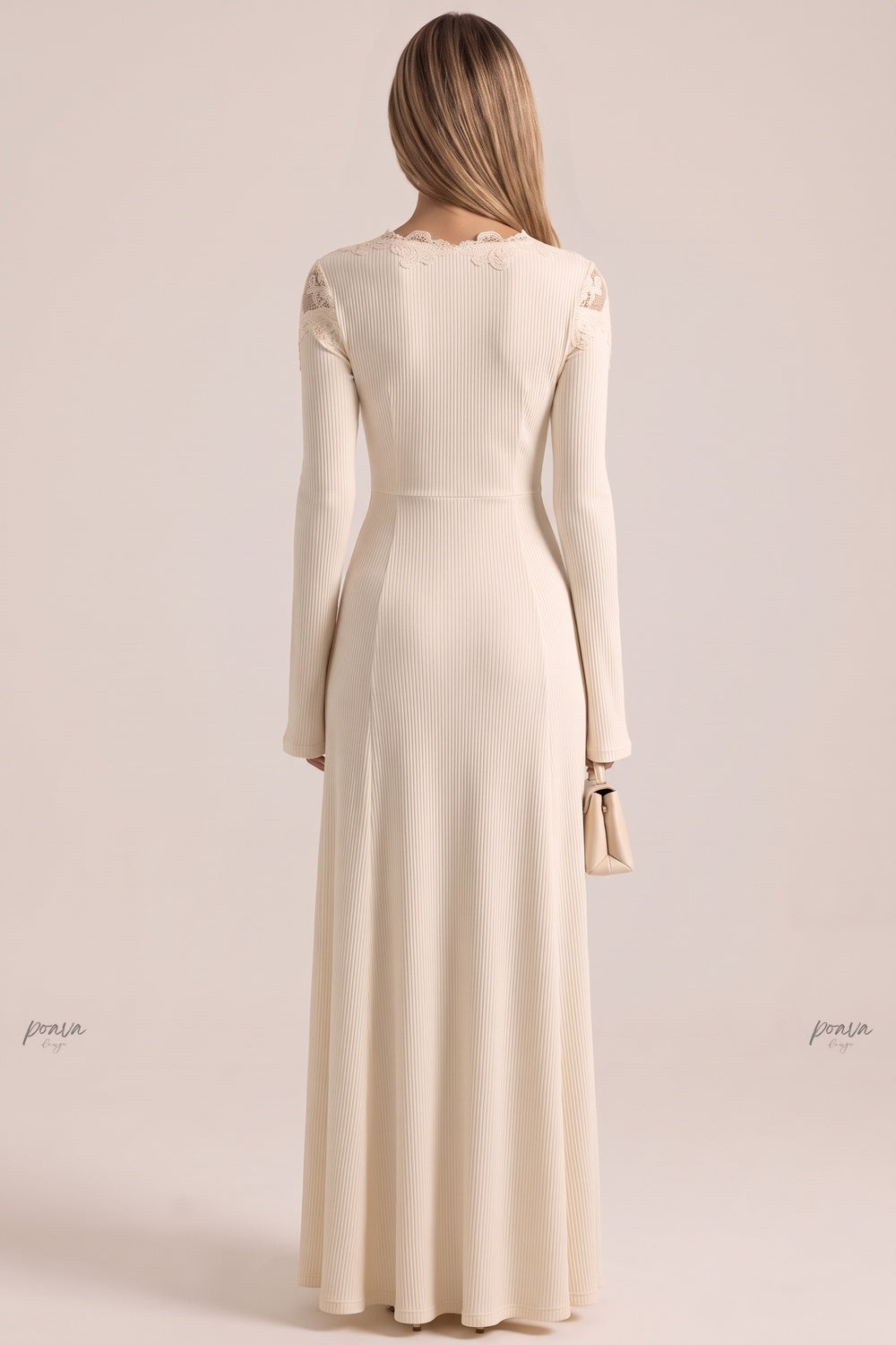 Cream Ribbed Knit Maxi Dress with Lace V-Neck cream, off-white, beige, light purple fine ribbed knit maxi dress - product view 3
