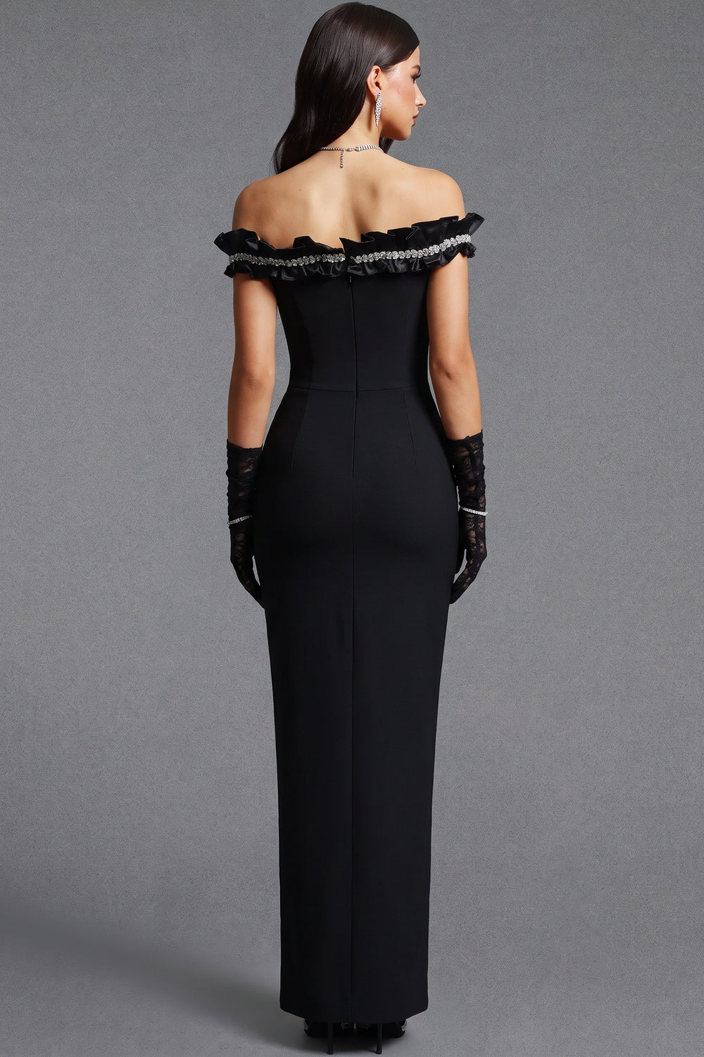 Black Structured Crepe Column Evening Gown with Crystal Ruffle Trim black structured crepe evening gown - product view 3