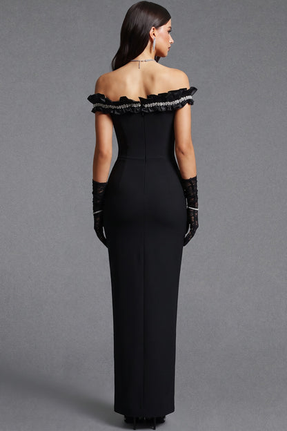 Black Structured Crepe Column Evening Gown with Crystal Ruffle Trim black structured crepe evening gown - product view 3