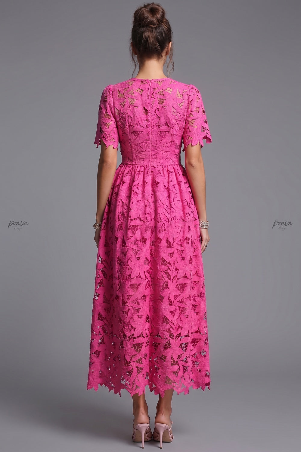 Magenta Guipure Lace A-Line Midi Dress magenta guipure lace dress - product view 2