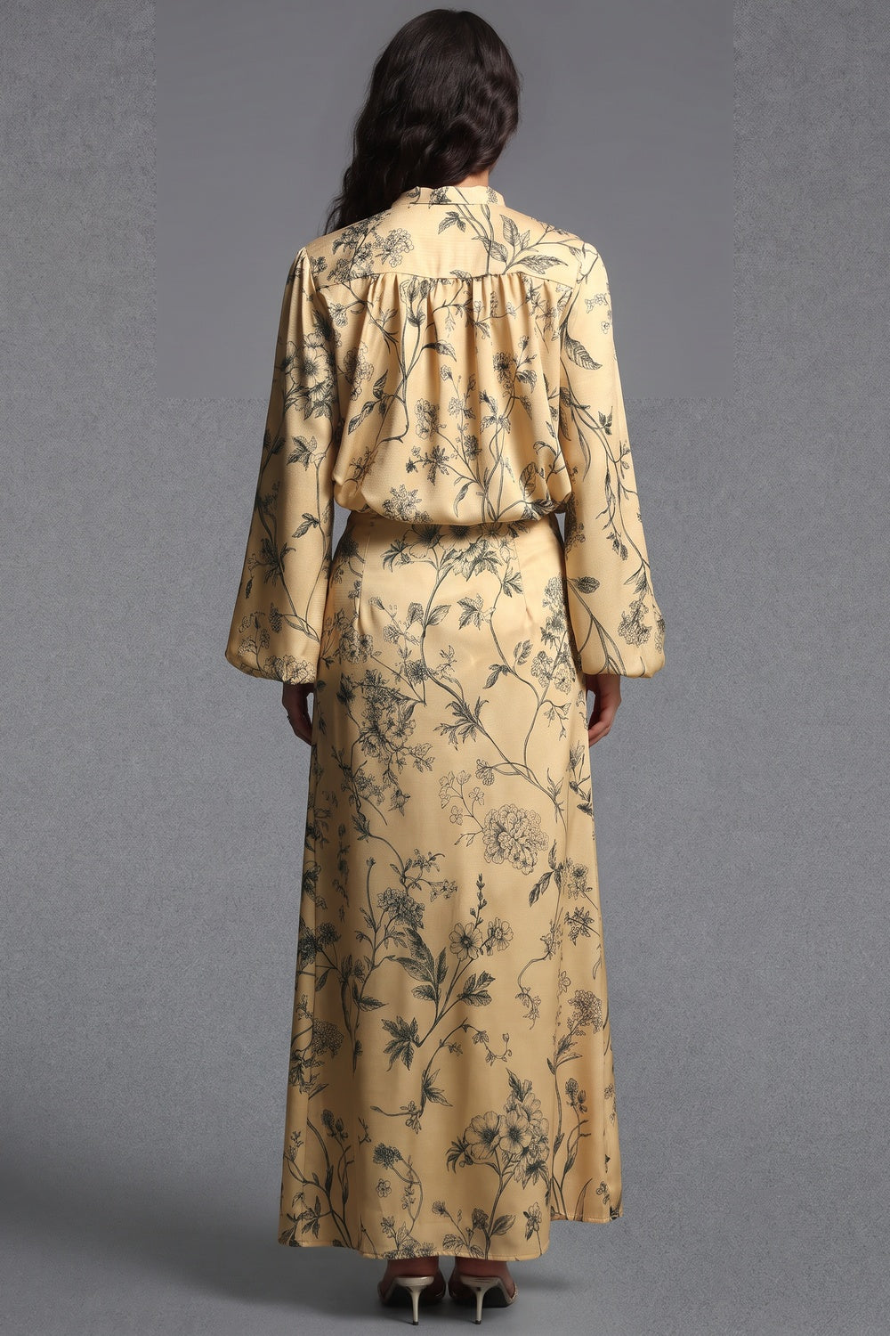 Pale Yellow Botanical Floral Two-Piece Set pale yellow satin-weave synthetic or silk blend two-piece set - product view 3