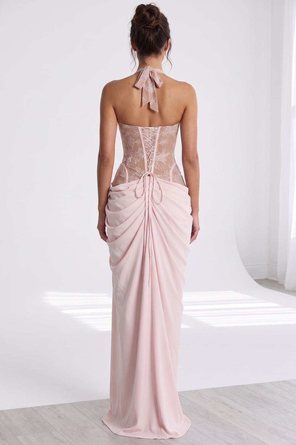 pale pink crepe draped column with corset bodice gown pale pink crepe gown - product view 3