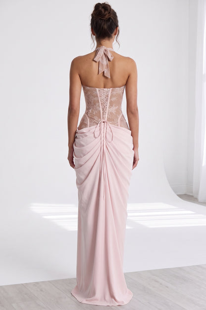 pale pink crepe draped column with corset bodice gown pale pink crepe gown - product view 3
