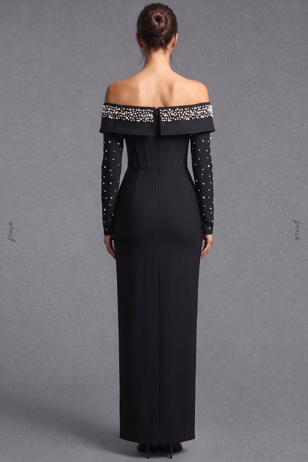 Black Heavy Stretch Crepe Column Evening Gown with Pearl Embellishment black heavy stretch crepe evening gown - product view 3