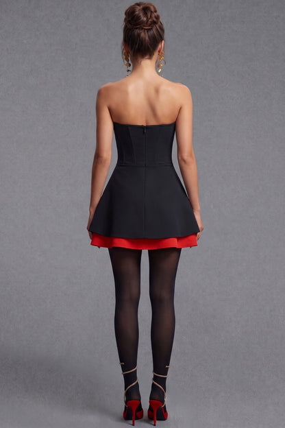 Black Structured Corset Mini Dress with 3D Red Satin Roses black structured matte woven fabric strapless mini dress - product view 3