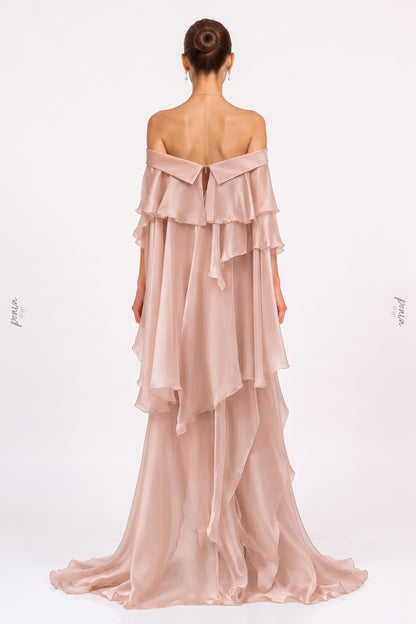 Dusty Pink Chiffon Flowing A-Line Gown with High Slit dusty pink chiffon gown - product view 3