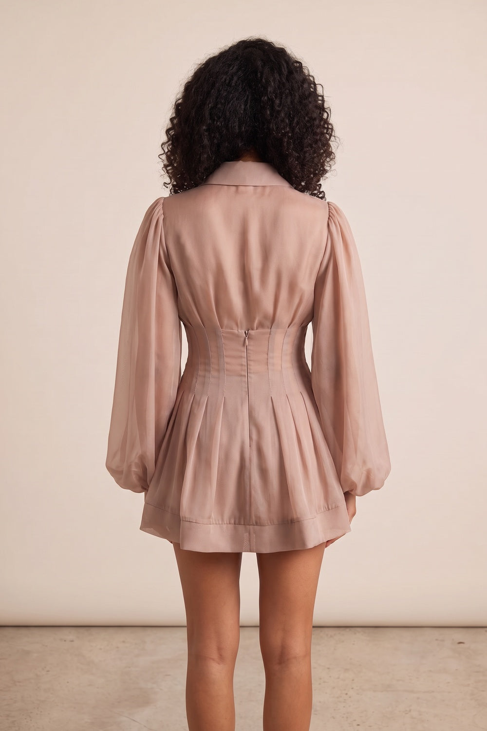Dusty Rose Chiffon Mini Dress with Puffed Sleeves and Contrast Ribbon Tie Premium Fabric - product view 6