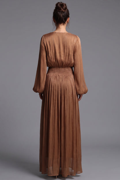 Bronze Brown Pleated Satin-Georgette Blend Maxi Dress bronze brown pleated satin-georgette blend maxi dress - product view 3