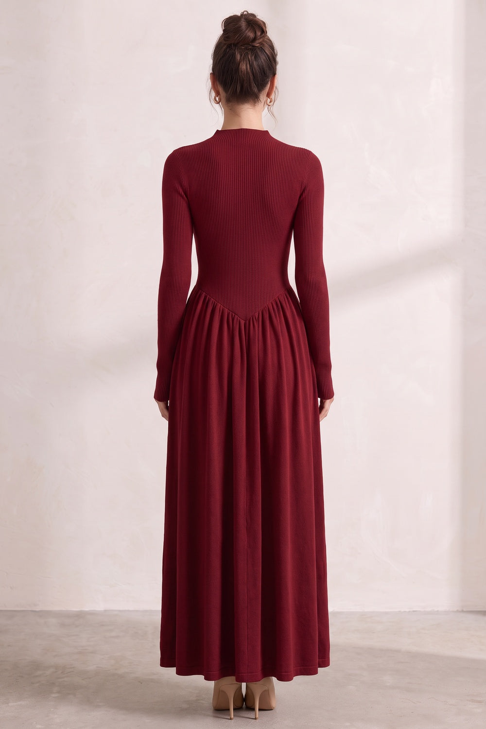 Dark Red Ribbed Knit A-Line Maxi Dress dark red ribbed knit maxi dress - product view 3
