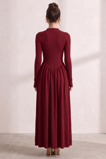 Dark Red Ribbed Knit A-Line Maxi Dress dark red ribbed knit maxi dress - product view 3