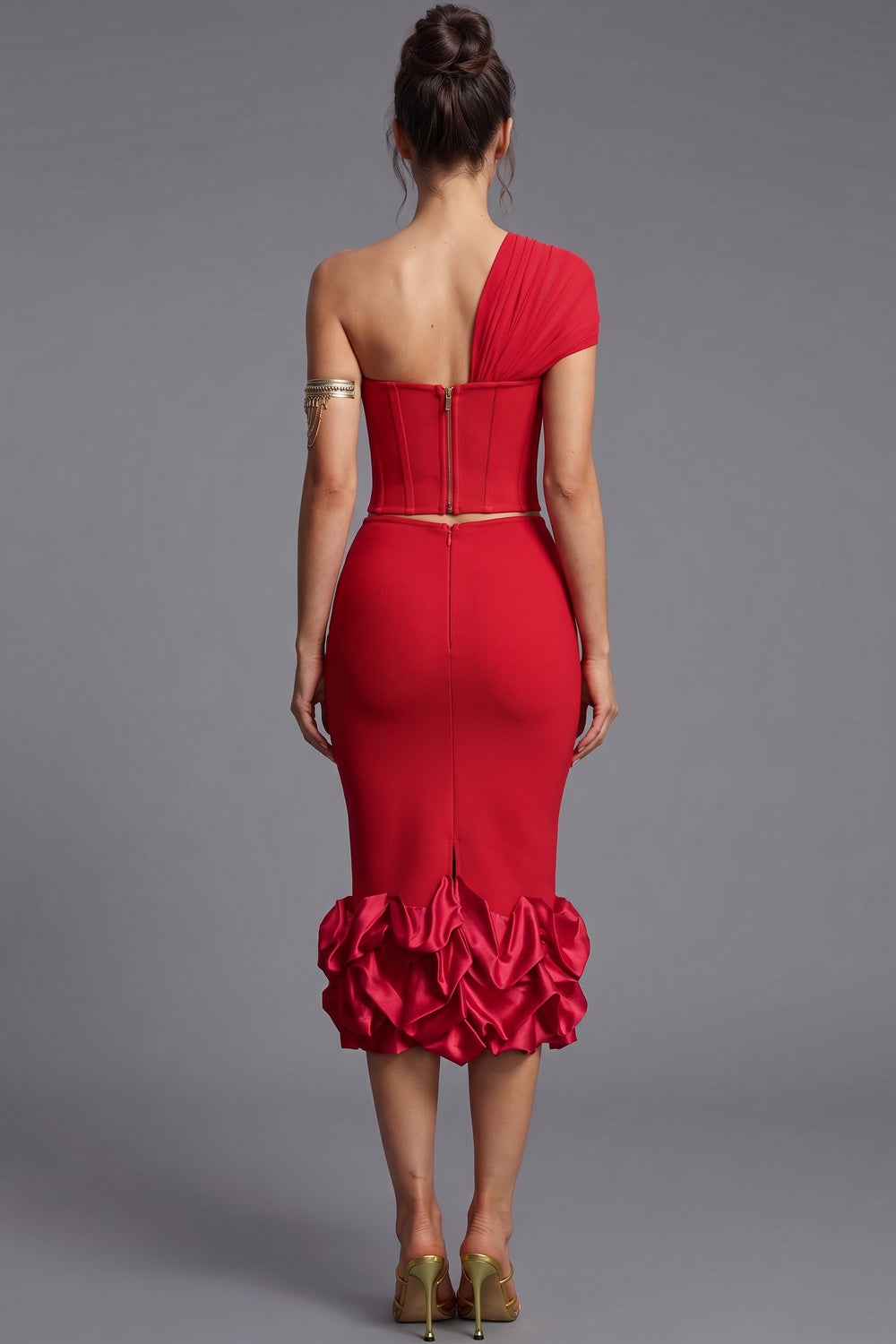 Red Heavy Stretch Crepe Two-Piece Set with Asymmetrical One-Shoulder Corset Top and Ruffled Midi Skirt Red Heavy stretch crepe Two-piece set (corset top and midi skirt) - product view 3
