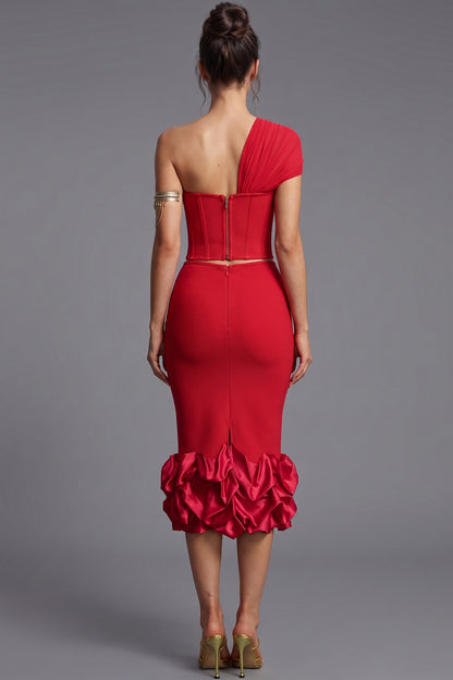 Red Heavy Stretch Crepe Two-Piece Set with Asymmetrical One-Shoulder Corset Top and Ruffled Midi Skirt Red Heavy stretch crepe Two-piece set (corset top and midi skirt) - product view 3