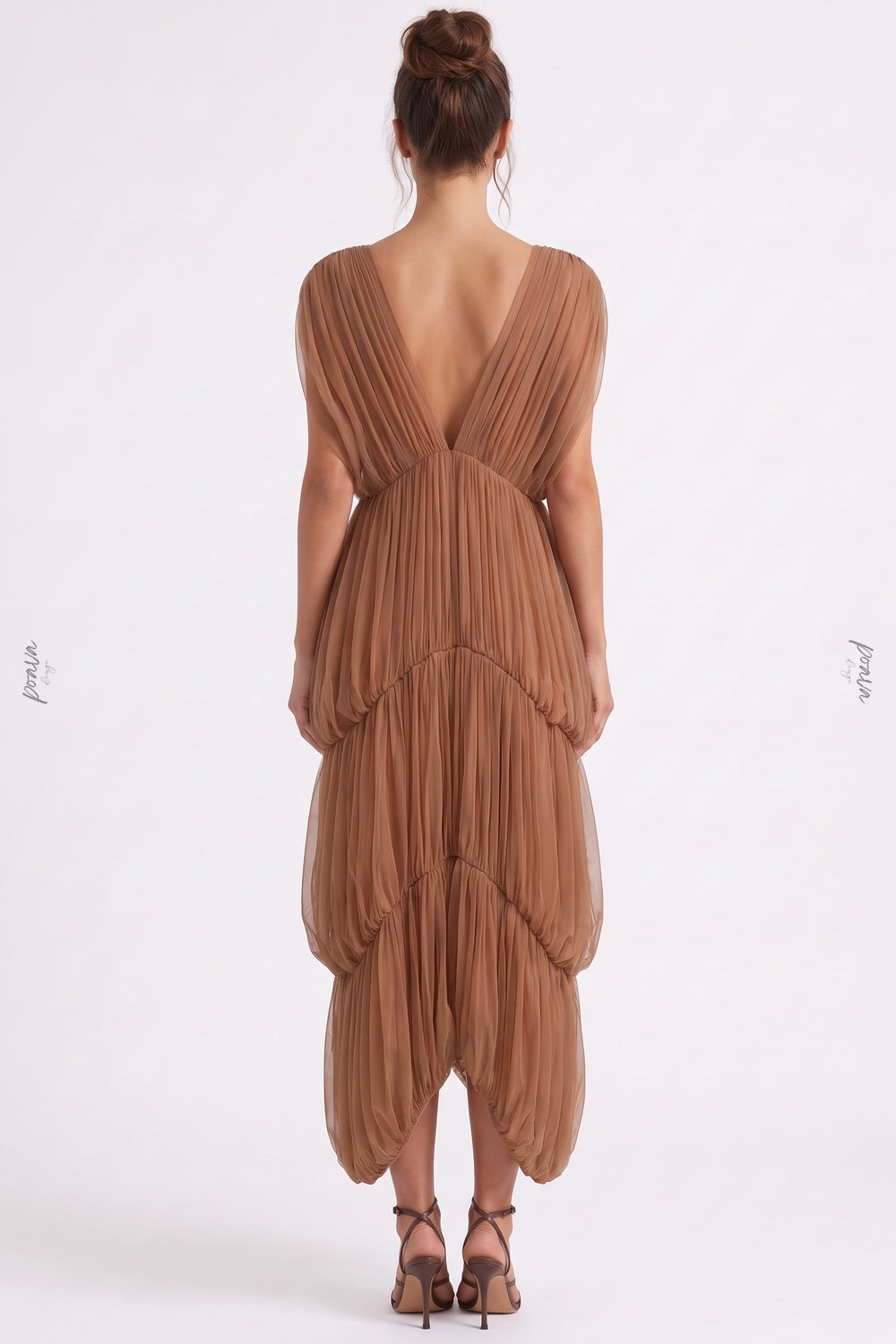 Brown Sheer Tulle Mesh Tiered Cocoon Dress brown sheer tulle mesh dress - product view 3