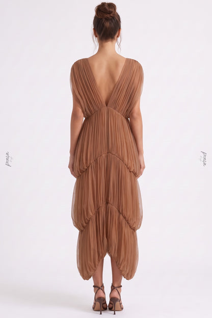 Brown Sheer Tulle Mesh Tiered Cocoon Dress brown sheer tulle mesh dress - product view 3