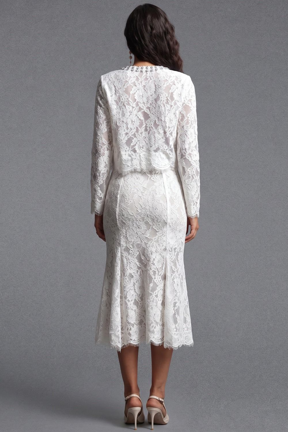 White Floral Corded Lace Two-Piece Skirt Suit White Floral corded lace Two-piece skirt suit - product view 3