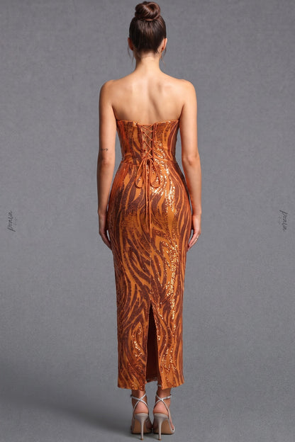 Copper Sequined Mesh Column Dress copper, bronze sequined mesh dress - product view 3