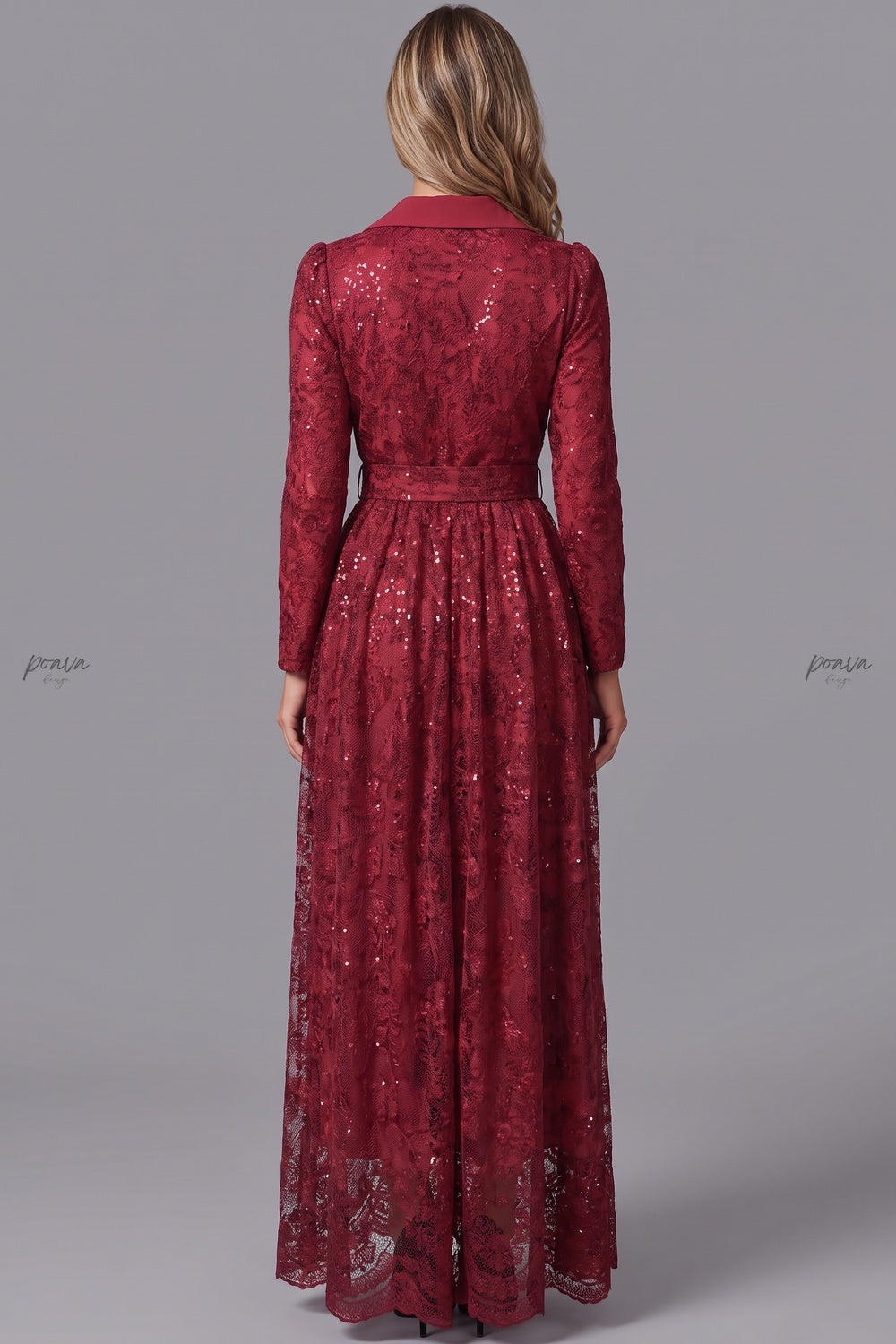 Deep Red Floral Lace A-Line Maxi Dress deep red floral lace dress - product view 3