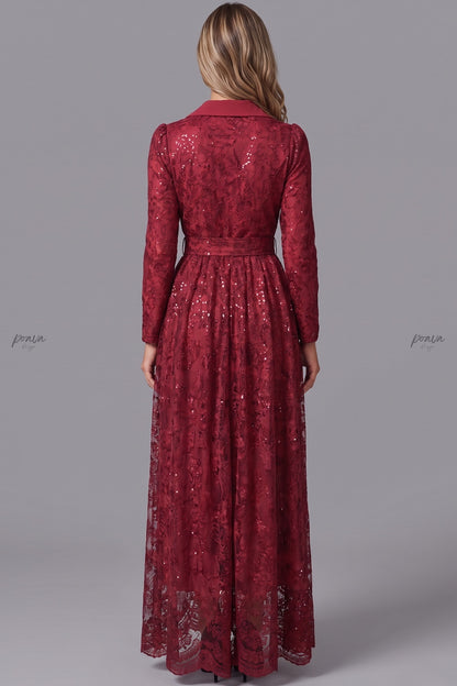 Deep Red Floral Lace A-Line Maxi Dress deep red floral lace dress - product view 3