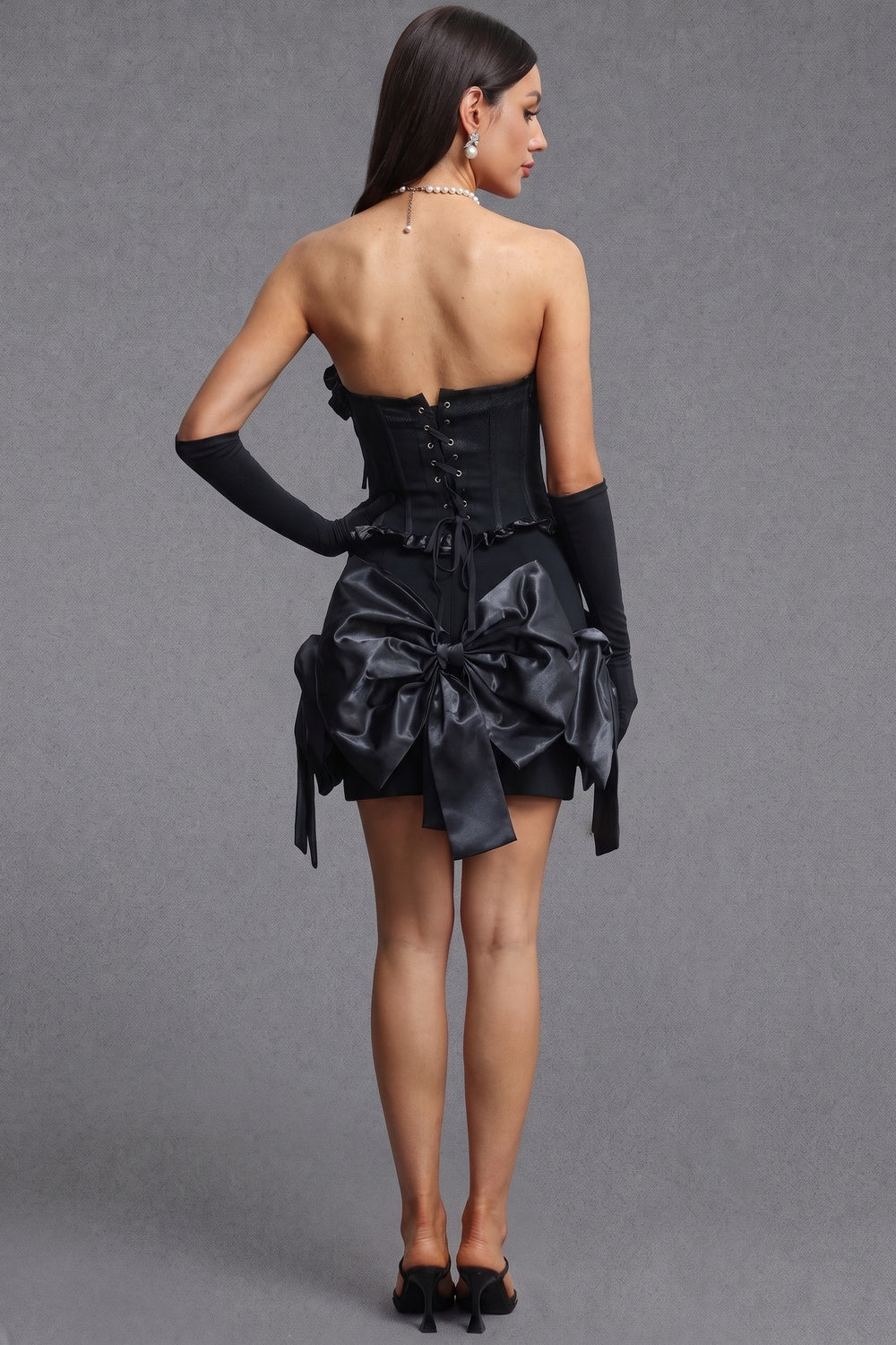 Black Structured Matte Crepe Fitted Corset with Voluminous Satin Bow Mini Skirt Two-Piece Set black structured matte crepe two-piece set - product view 3