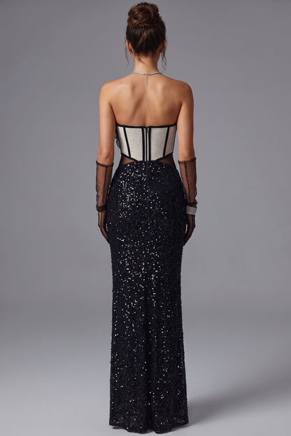 Black Sequined Knit Column Gown black sequined knit gown - product view 3
