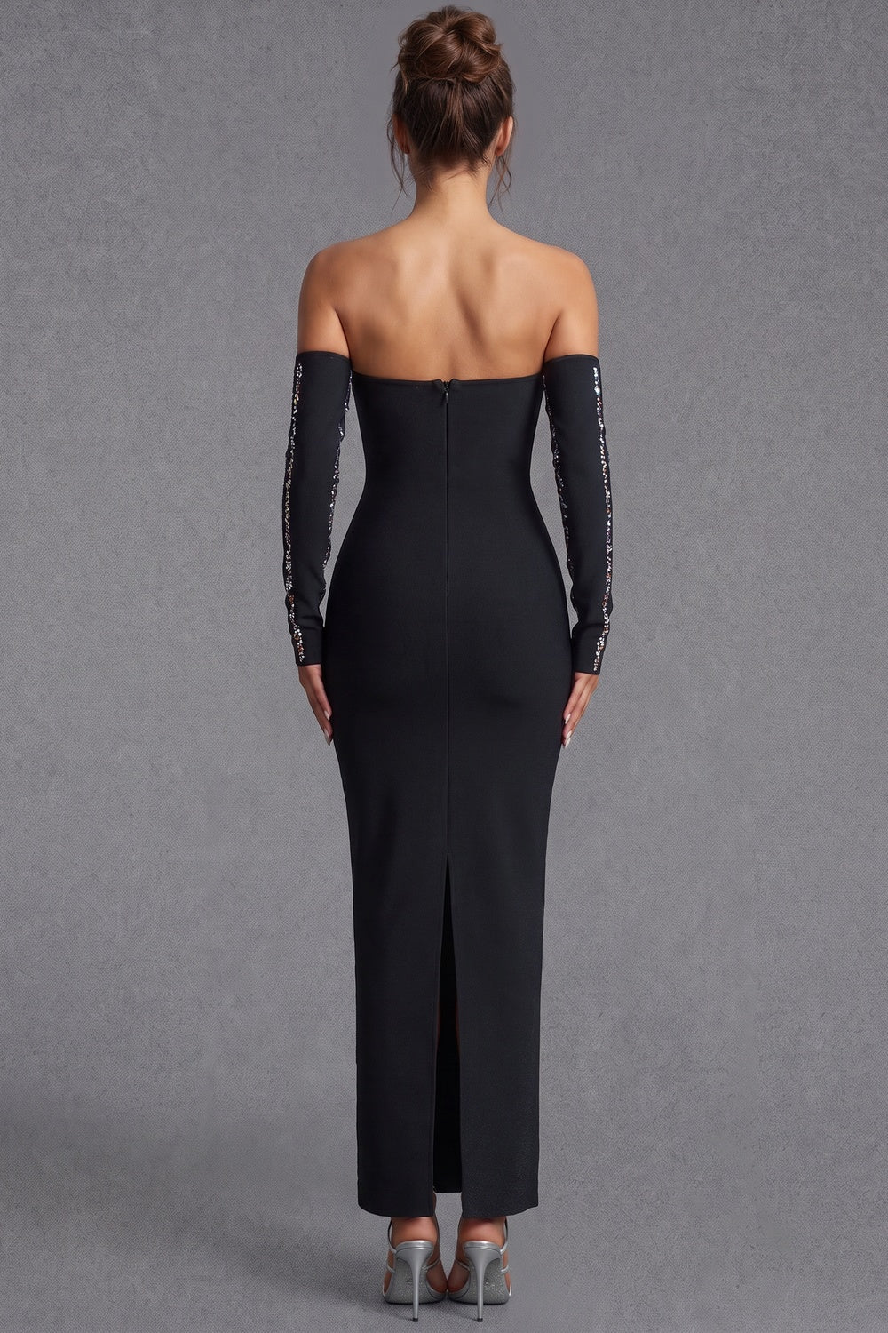 Black Strapless Maxi Dress with Detached Sleeves black heavy stretch knit strapless maxi dress with detached sleeves - product view 3