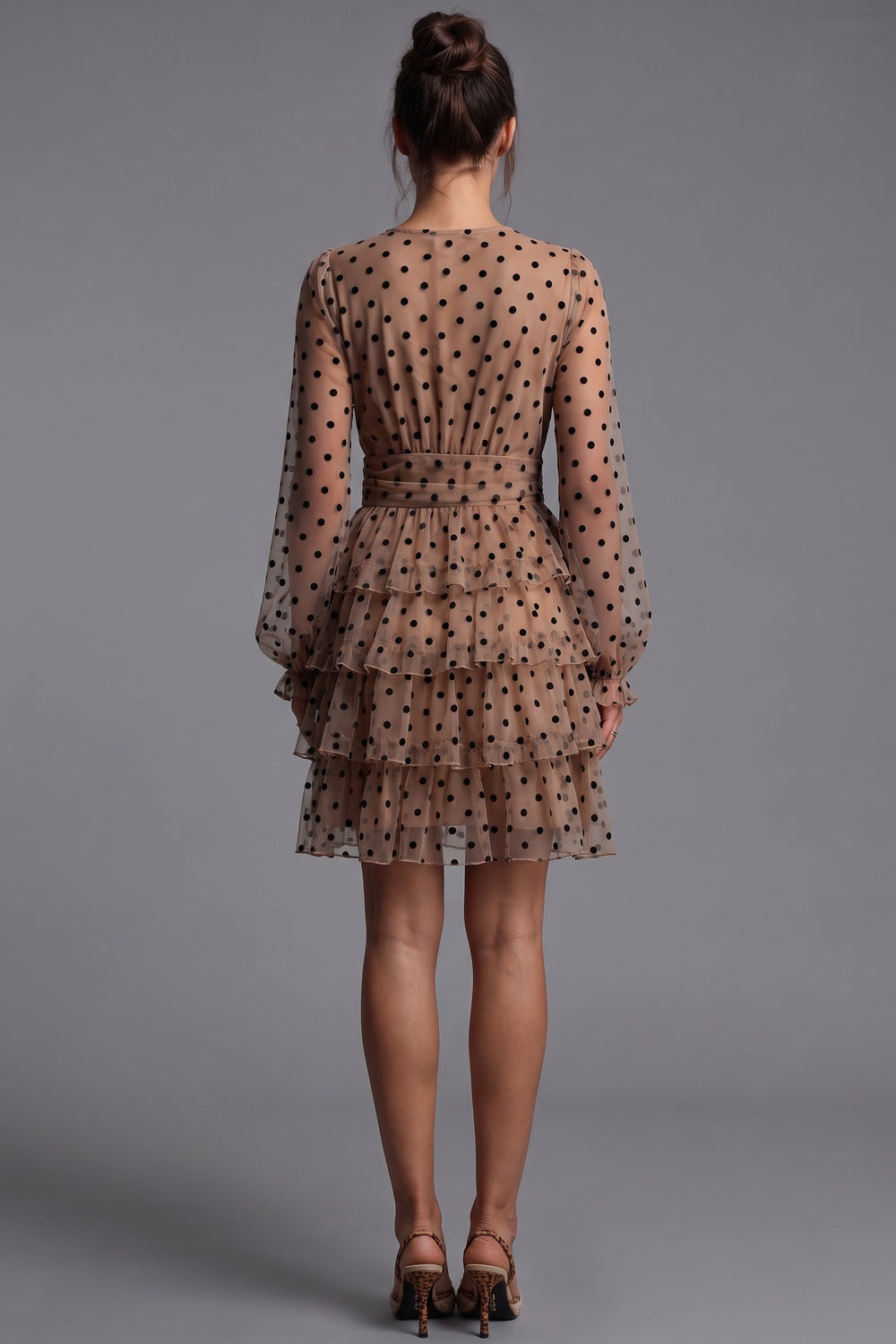 Beige Sheer Mesh Fit-and-Flare Tiered Dress beige sheer mesh dress - product view 3