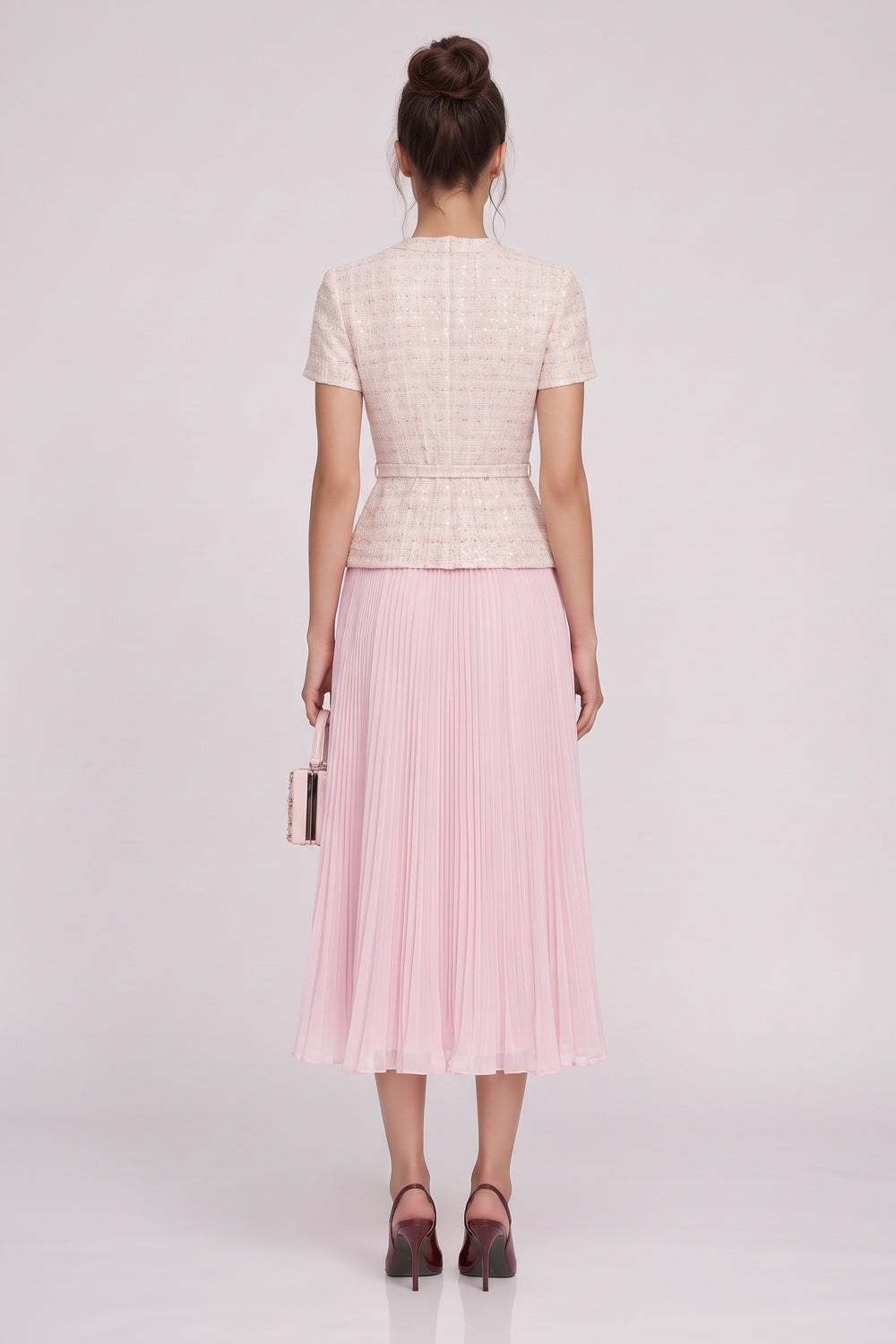 Pale Pink Tweed Fitted Bodice with Peplum and A-Line Skirt Two-Piece Set pale pink, cream tweed two-piece set - product view 3
