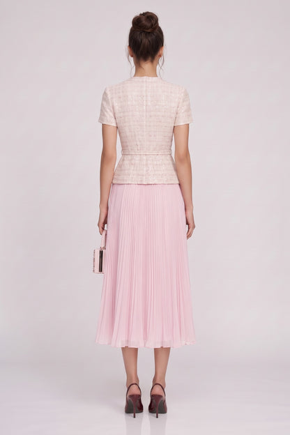 Pale Pink Tweed Fitted Bodice with Peplum and A-Line Skirt Two-Piece Set pale pink, cream tweed two-piece set - product view 3