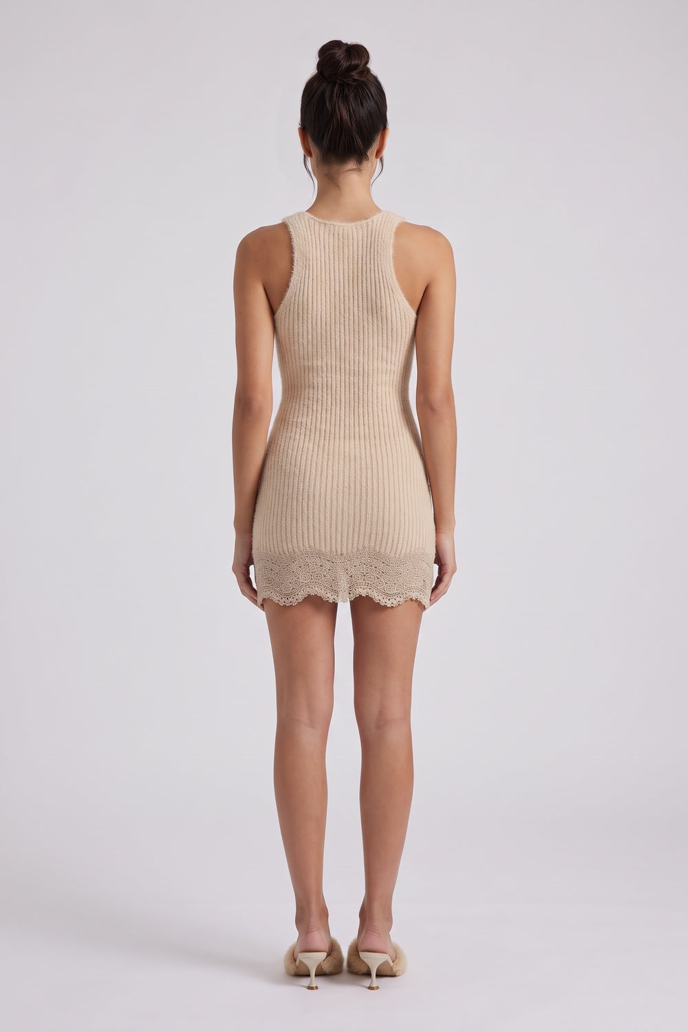 Beige Ribbed Knit Bodycon Mini Dress with Lace Trim beige ribbed knit mini dress - product view 3