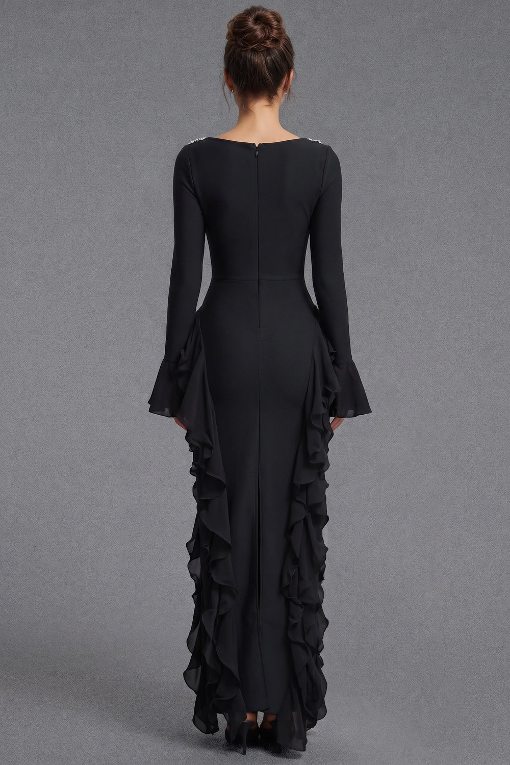 Black Heavy Stretch Crepe Sheath Evening Gown with Dramatic Side Ruffles black heavy stretch crepe evening gown - product view 3