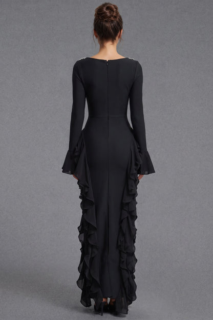 Black Heavy Stretch Crepe Sheath Evening Gown with Dramatic Side Ruffles black heavy stretch crepe evening gown - product view 3