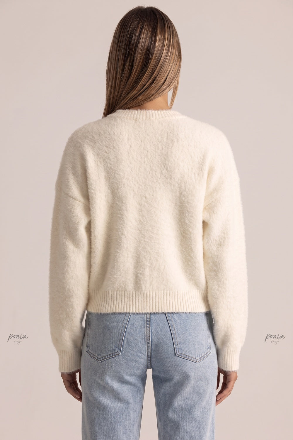 Cream Fuzzy Knit Boxy Drop-Shoulder Cardigan cream, off-white fuzzy knit cardigan - product view 3