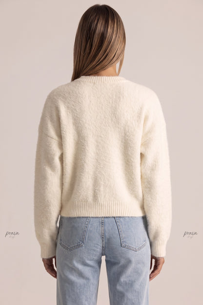 Cream Fuzzy Knit Boxy Drop-Shoulder Cardigan cream, off-white fuzzy knit cardigan - product view 3