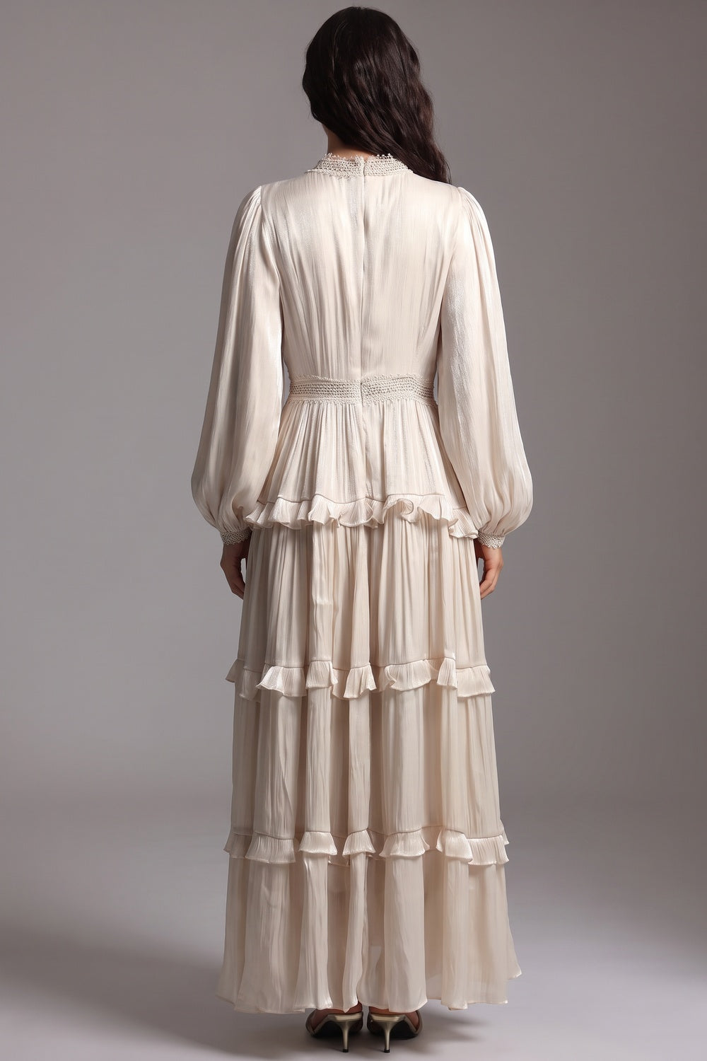 Cream Crinkled Satin Tiered A-Line Maxi Dress cream, ivory crinkled satin maxi dress - product view 3