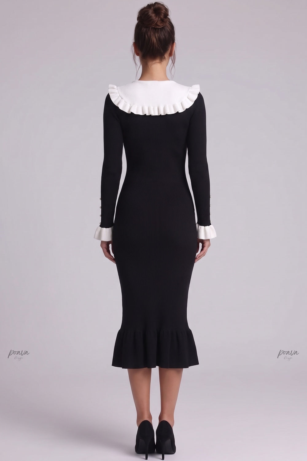 Black Ribbed Knit Mermaid Dress with White Ruffled Collar black ribbed knit dress - product view 3