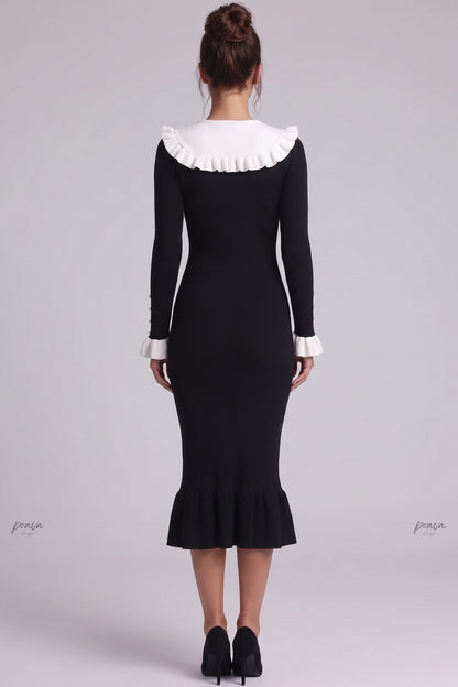 Black Ribbed Knit Mermaid Dress with White Ruffled Collar black ribbed knit dress - product view 3