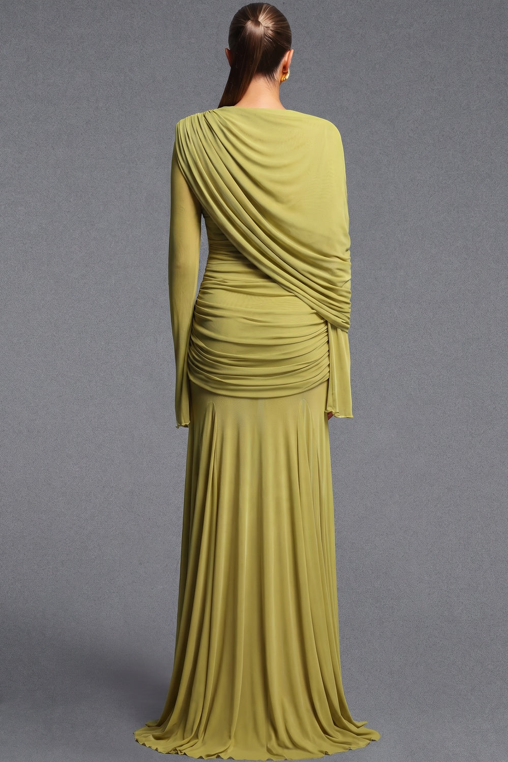 Chartreuse Ruched Mesh Gown chartreuse, olive green stretch mesh jersey gown - product view 3