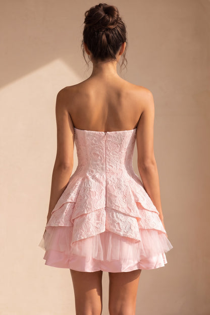 Light Pink Floral Lace Fit-and-Flare Mini Dress with Crystal Embellishments light pink floral lace dress - product view 3