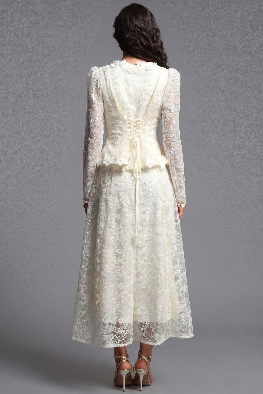 Cream Floral Lace Peplum Top & A-Line Midi Skirt Two-Piece Set cream, ivory floral lace overlay two-piece skirt set - product view 3