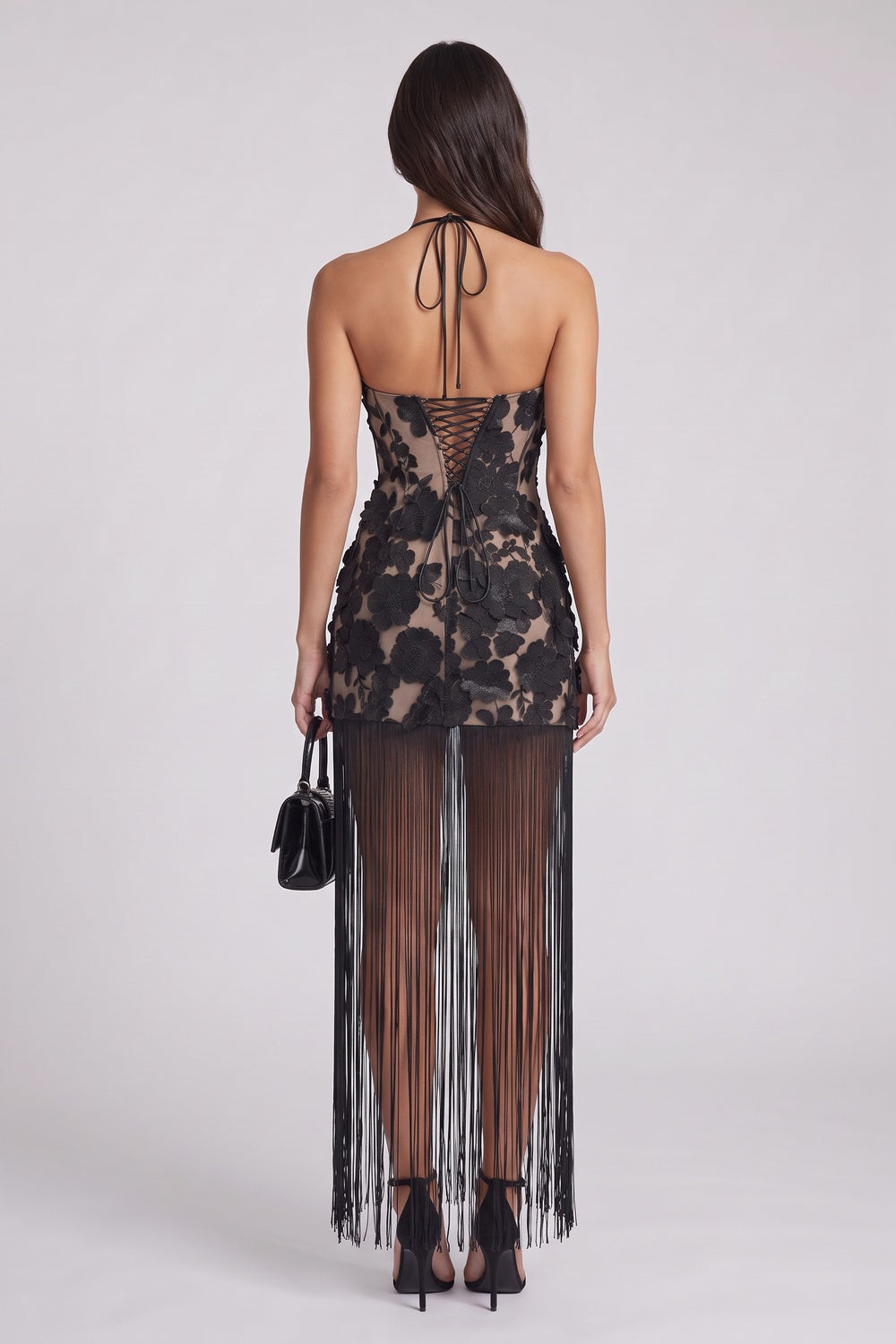Black Floral Lace Applique Mesh Fitted Halter Mini Dress with Floor-Length Fringe black floral lace applique mesh dress - product view 3