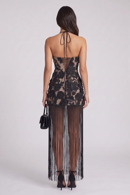 Black Floral Lace Applique Mesh Fitted Halter Mini Dress with Floor-Length Fringe black floral lace applique mesh dress - product view 3