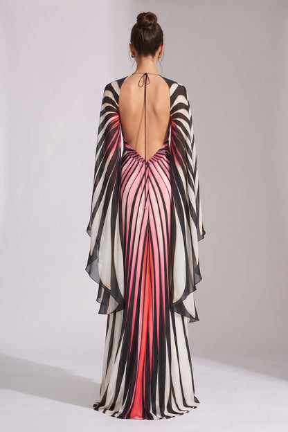Engineered Radiating Stripe Chiffon Cape Column Gown pink, black, white chiffon gown - product view 3