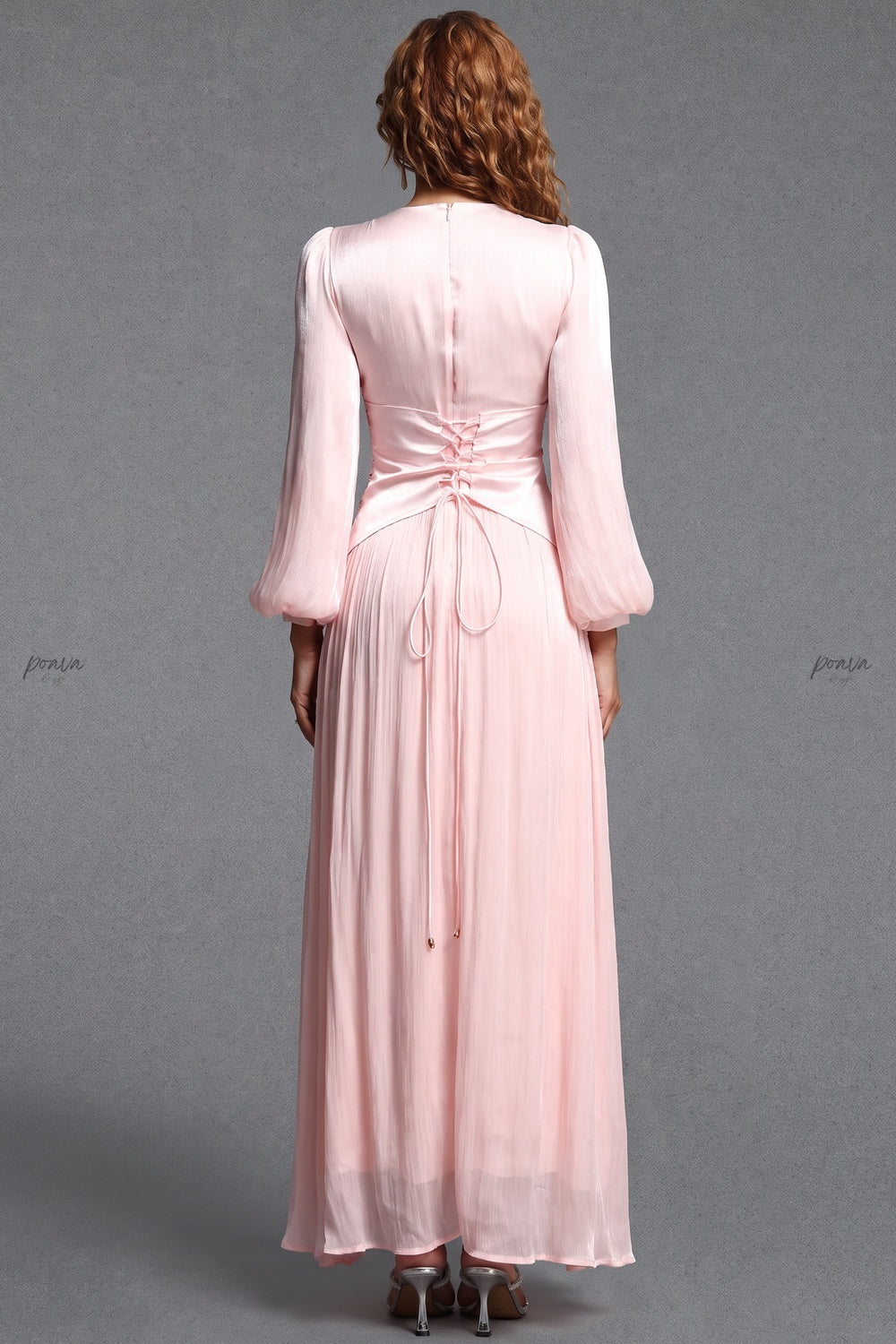 Pale Pink Chiffon A-Line Maxi Dress with Embellished Waist pale pink chiffon maxi dress - product view 2