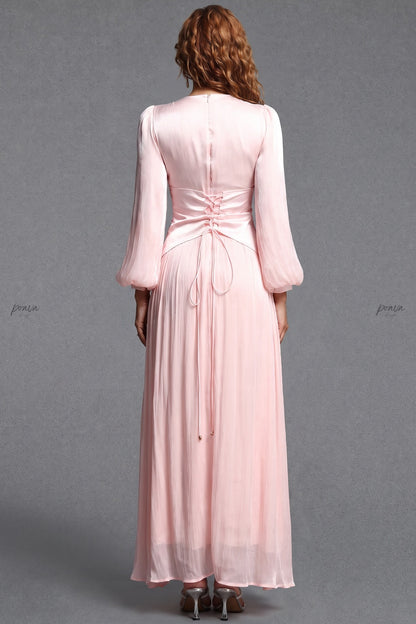 Pale Pink Chiffon A-Line Maxi Dress with Embellished Waist pale pink chiffon maxi dress - product view 2