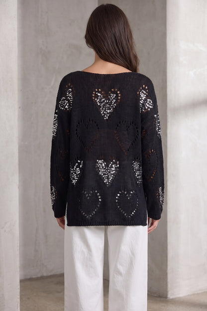 Black Open-Work Knit Oversized Sweater with Silver Sequin Hearts black open-work knit sweater - product view 3