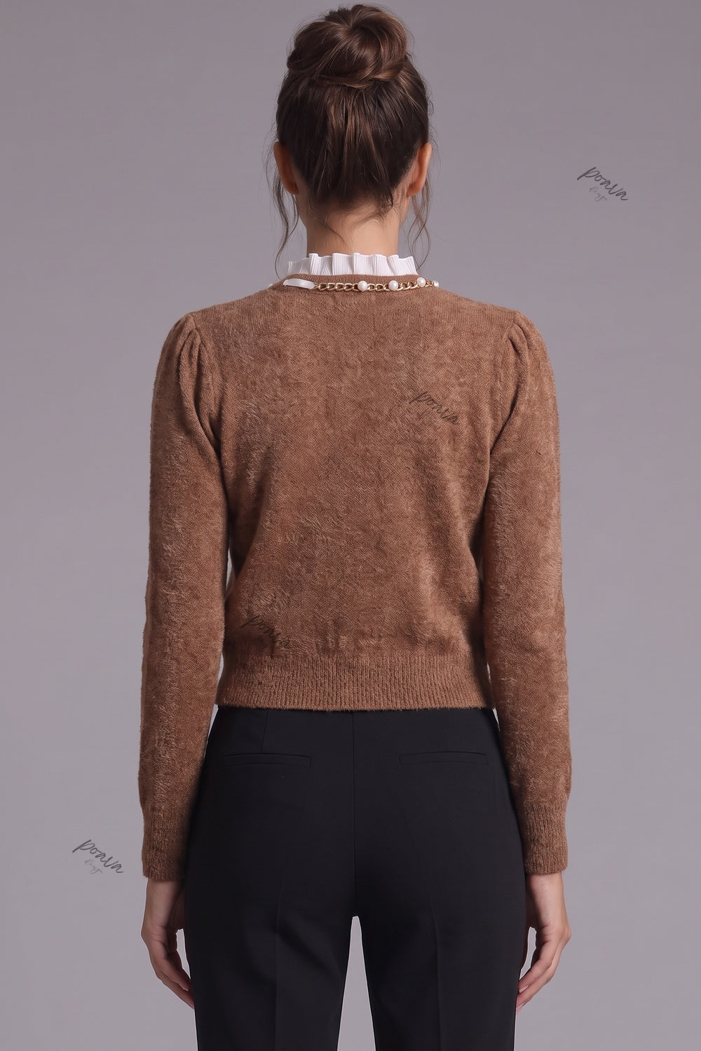 caramel brown textured wool-blend knit fitted, cropped cardigan caramel brown textured wool-blend knit cardigan - product view 3