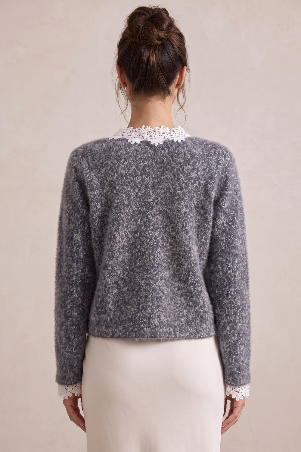 Grey Fuzzy Marled Knit Boxy, Slightly Cropped Cardigan grey, white fuzzy marled knit cardigan - product view 3