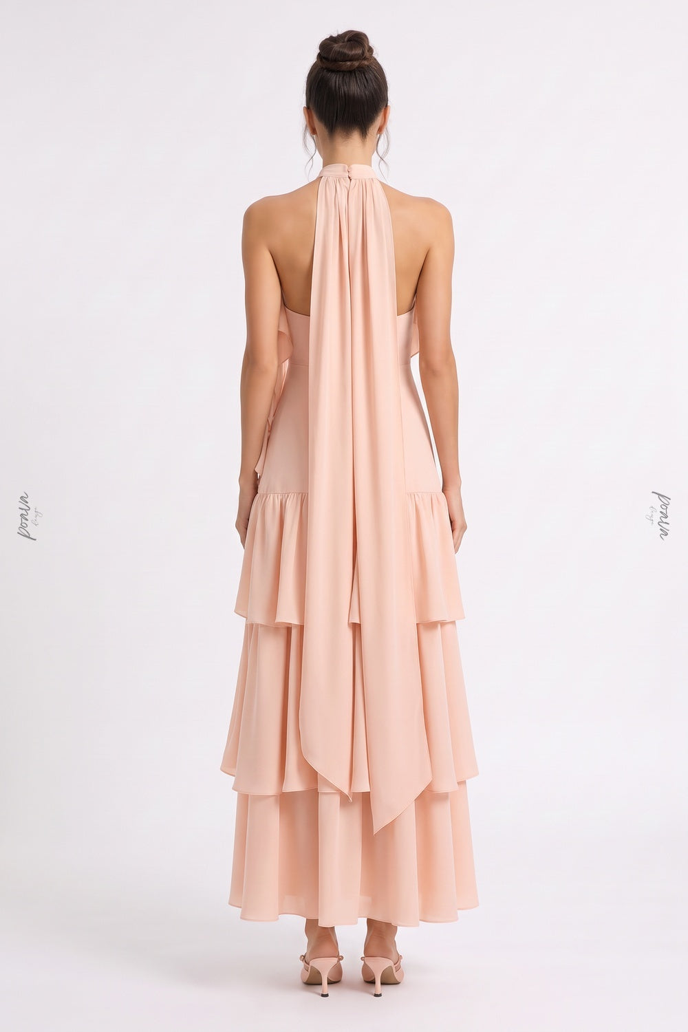 Pale Peach Lightweight Crepe A-Line Tiered Dress pale peach lightweight crepe dress - product view 3